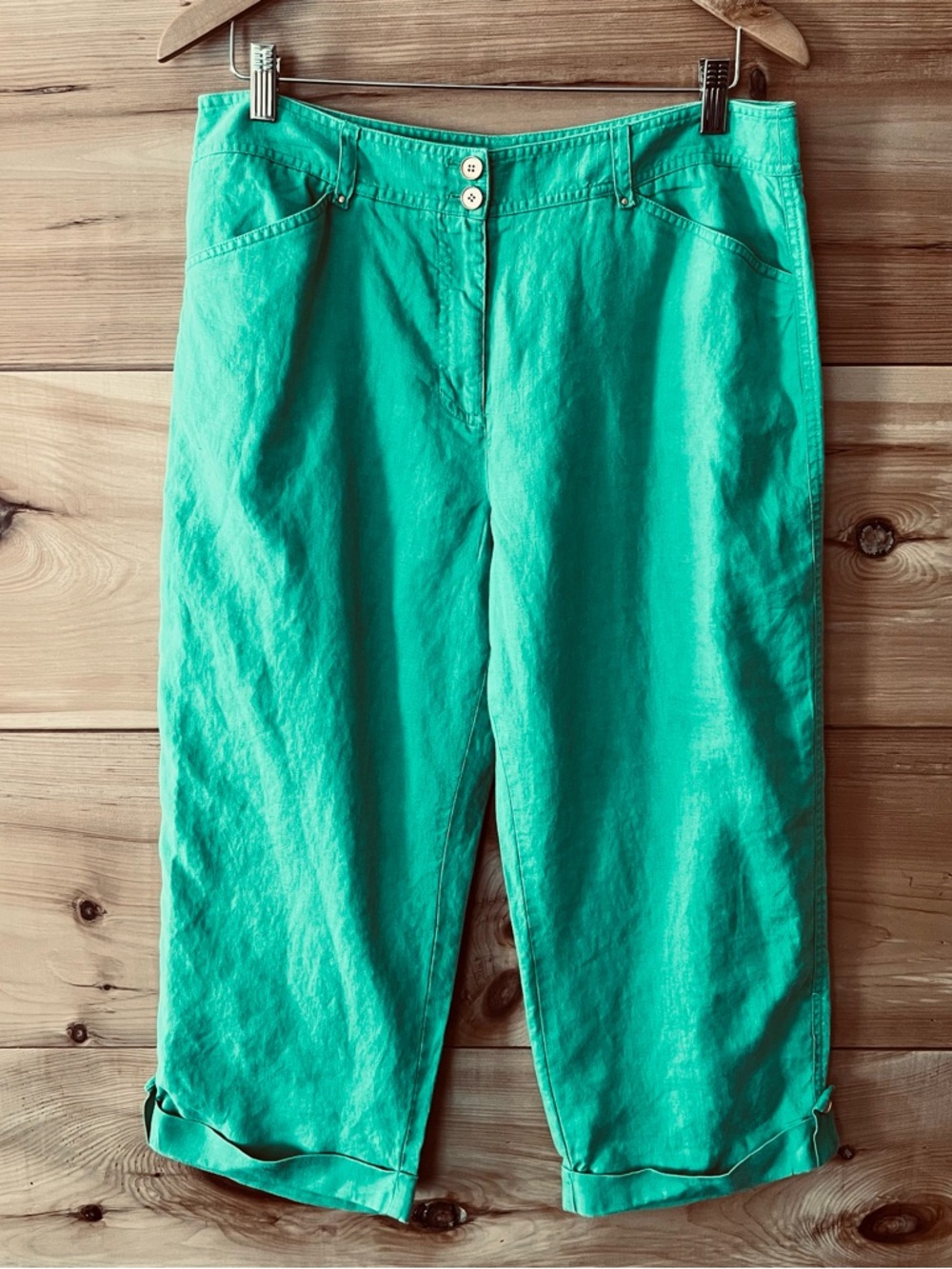 Jones New York 100% Linen Kelly Green Cropped Cuffed Pants Soft Cabincore Preppy - Picture 8 of 9